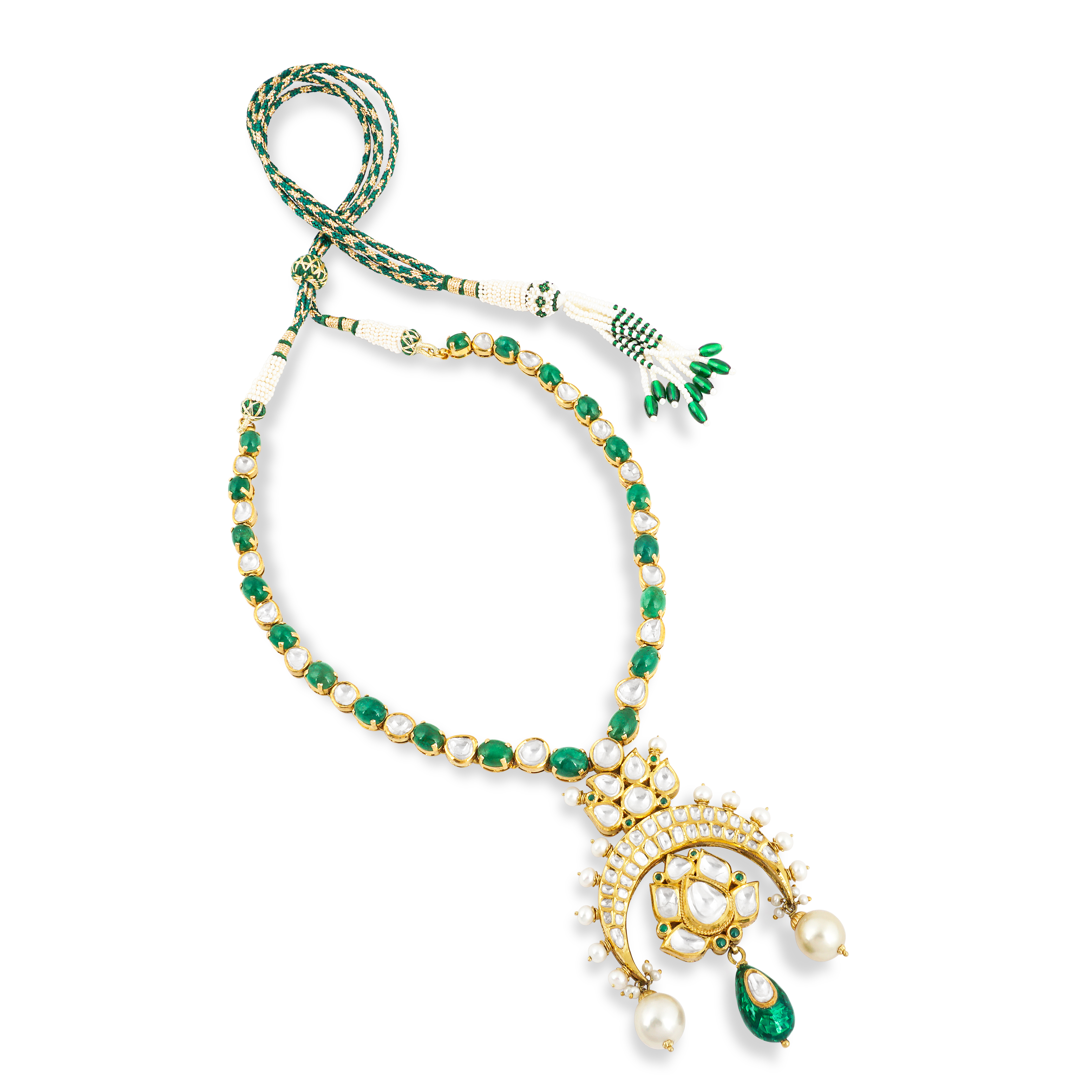 Inverted Chand Polki Necklace with Emeralds and Pearls